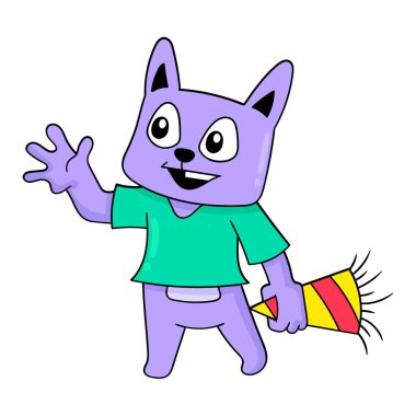 Mor Kedi yeni yıl partisini kutluyor, vektör illüstrasyon sanatı. karalama simgesi resmi kawaii.