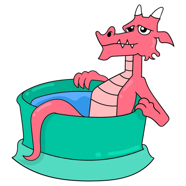 Der Gruselige Rote Drache Badet Warmem Wasser Vektorillustrationskunst Doodle Symbolbild — Stockvektor