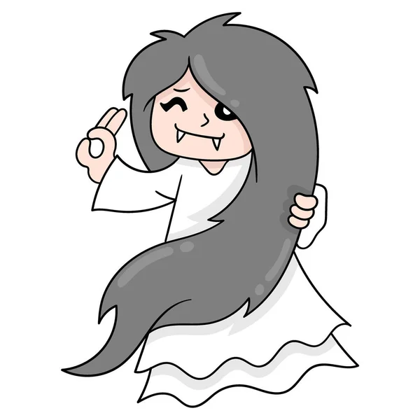 漂亮的女人穿着漂亮的白色衣服 矢量插图艺术 涂鸦图标图像Kawaii — 图库矢量图片