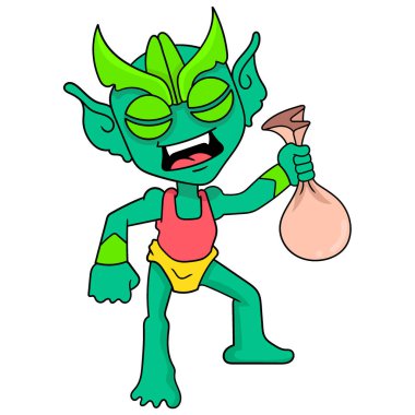 Kese tutan yeşil balık canavarı, vektör çizim sanatı. karalama simgesi resmi kawaii.