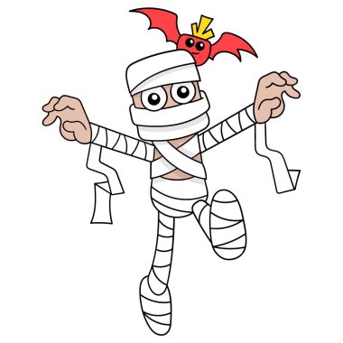 Cadılar bayramı yaşayan ölü mumya korkunç yürüyor. Vücudu bandajlarla dolu, vektör illüstrasyon sanatıyla dolu. karalama simgesi resmi kawaii.