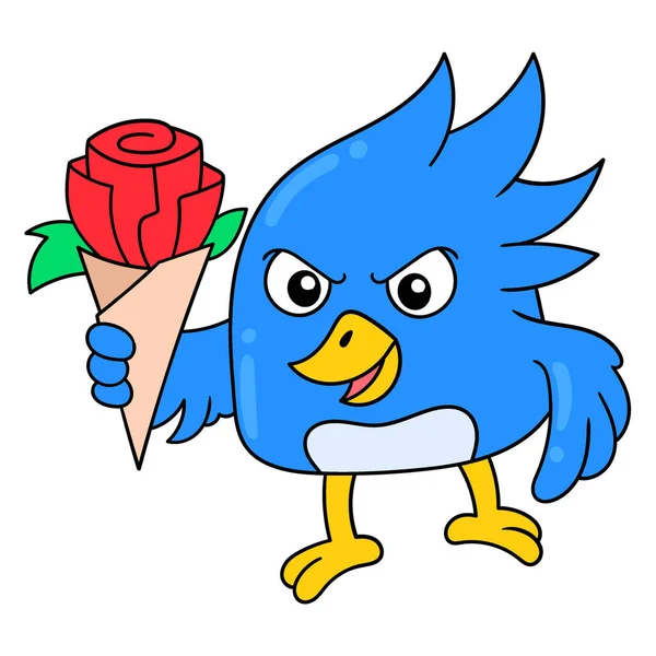Pássaro Azul Macho Carregando Rosas Vermelhas Para Surpresa Dos Namorados — Vetor de Stock