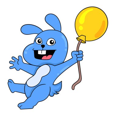 Sarı doğum günü balonları taşıyan mutlu şirin tavşan, vektör illüstrasyon sanatı. karalama simgesi resmi kawaii.