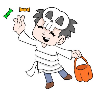 Çocuklar cadılar bayramı partisini kutluyor paylaşılan şekerler, vektör illüstrasyon sanatı. karalama simgesi resmi kawaii.