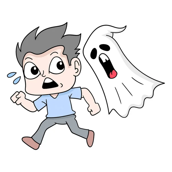 Chico Corriendo Asustado Siendo Perseguido Por Fantasma Volador Arte Ilustración — Vector de stock