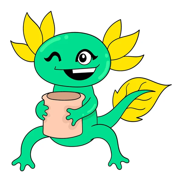 Lächelndes Grünes Monster Mit Einem Getränk Vektorillustrationskunst Doodle Symbolbild Kawaii — Stockvektor