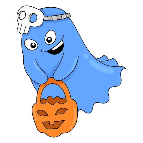Halloween Fantasma Volador Que Lleva Cesta Calabaza Vector Ilustración Arte — Vector de stock