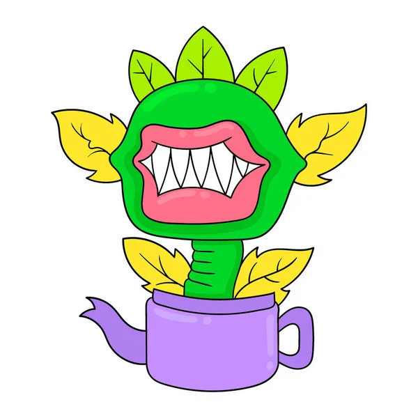 Sharp Toothed Monster Flower Growing Pot Vector Illustration Art Doodle — Stock Vector