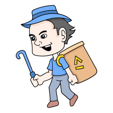 Leş yiyiciler ellerinde sepetlerle yürüyüp kullanılmış eşyalar, vektör çizimleri topluyorlar. karalama simgesi resmi kawaii.