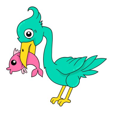 Leylek ağzındaki balığı yiyor, vektör çizim sanatı. karalama simgesi resmi kawaii.