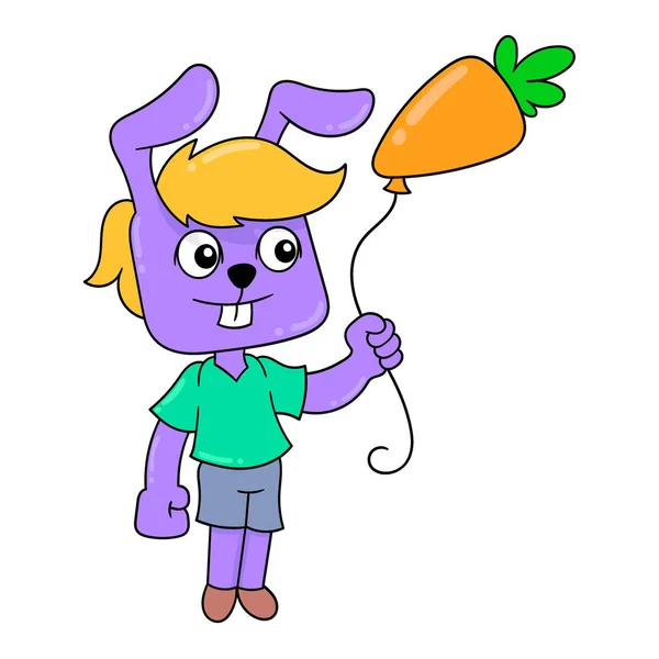 Bunny Boy Standing Carrot Balloons Vector Illustration Art Doodle Icon — стоковый вектор