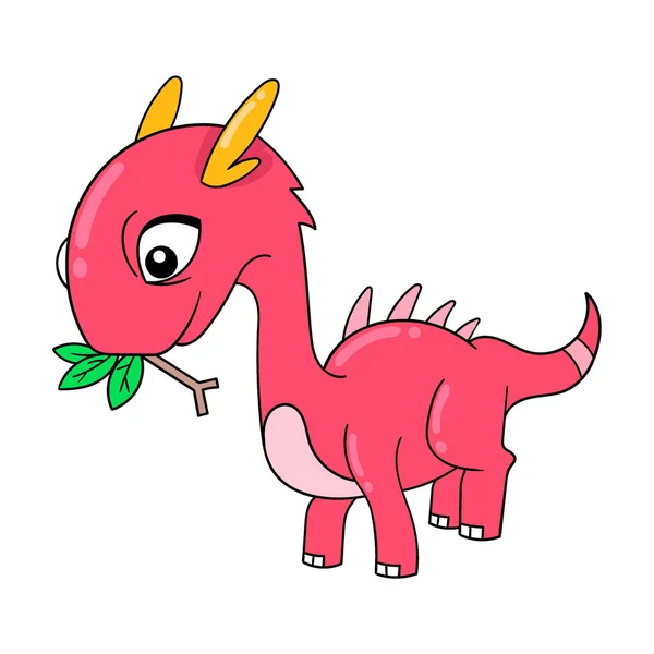 Dinosaurio Rojo Comer Hojas Plantas Vector Ilustración Arte Doodle Icono — Archivo Imágenes Vectoriales