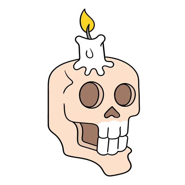 Griezelige Halloween Schedel Met Kaars Erop Vector Illustratie Karton Emoticon — Stockvector