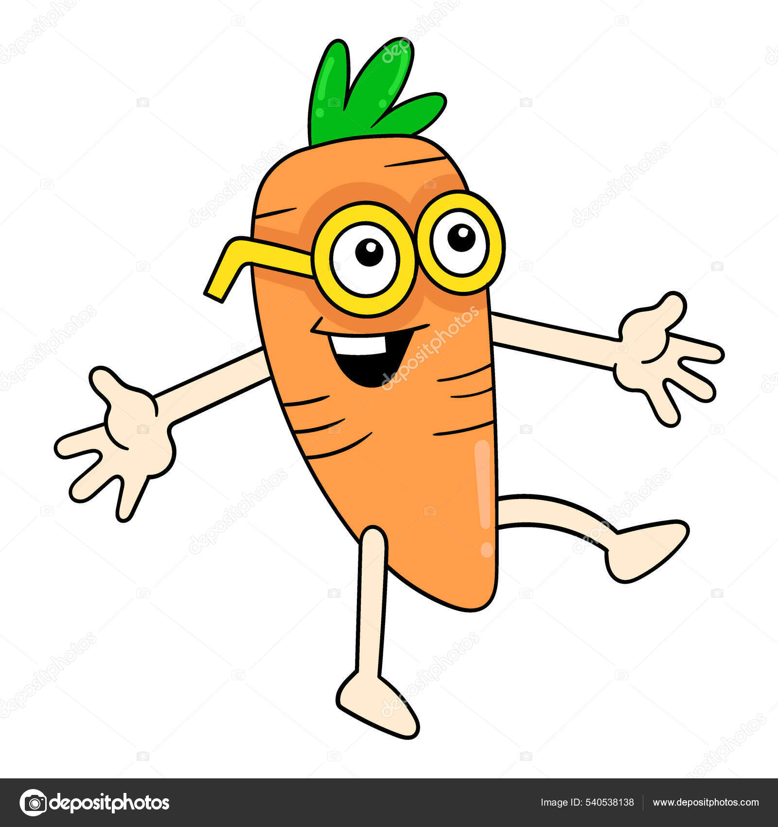 Carrot Having Happy Face Nerdy Vector Illustration Art Doodle Icon.