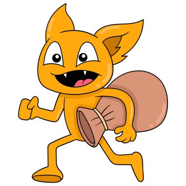 thieving cat carrying a sack full of valuables, vector illustration art. doodle icon image kawaii.