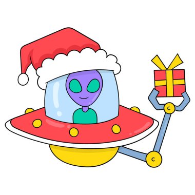 aliens riding flying ufo celebrating christmas bringing gifts, vector illustration art. doodle icon image kawaii.