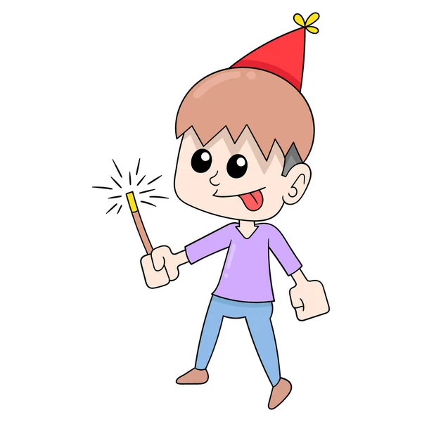 Boy Brings Fireworks Celebrating New Year Party Vector Illustration Art — Vettoriale Stock