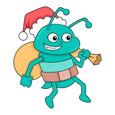 Insects are walking sneakily carrying Christmas gift sacks, vector illustration art. doodle icon image kawaii.