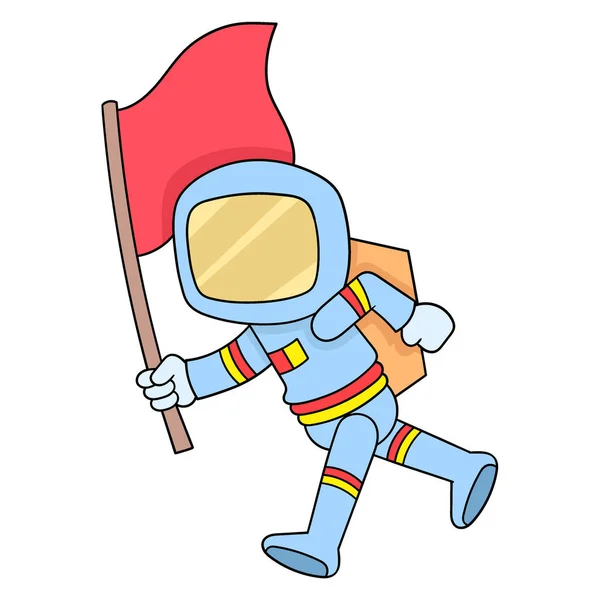 Astronaut Walking Carrying Traveling Flag Vector Illustration Art Doodle Icon — Stockový vektor