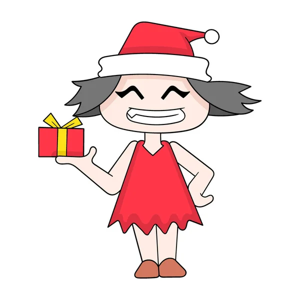 Girl Standing Christmas Surprise Gift Vector Illustration Art Doodle Icon — 스톡 벡터