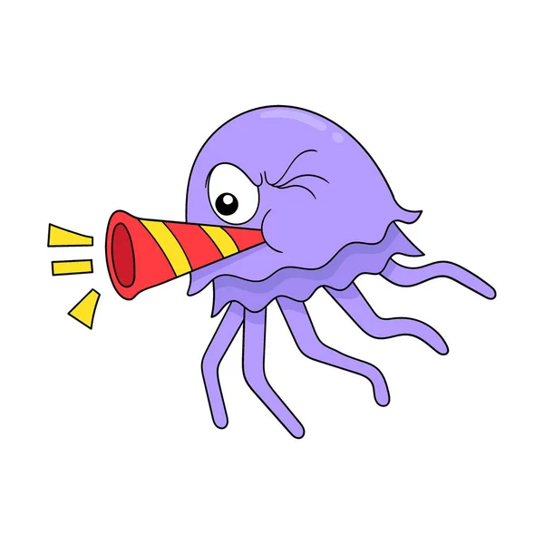Purple Jellyfish Celebrating New Year Blowing Trumpet Vector Illustration Art — Vetor de Stock