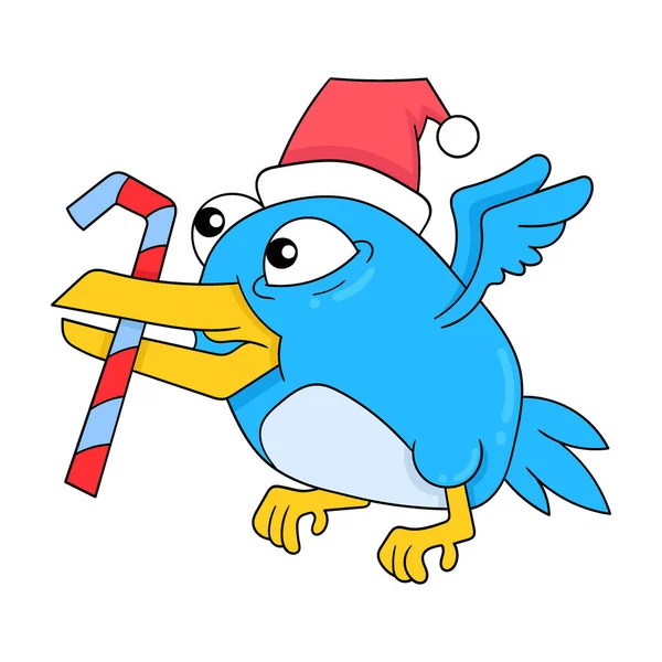 Blue Little Bird Carrying Candy Cane Its Beak Vector Illustration — Stock Vector