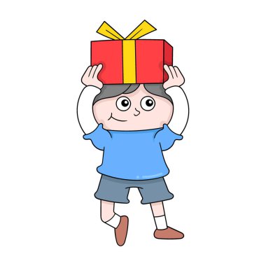 Çocuk doğum günü sürprizi için hediyeler getiriyor, vektör illüstrasyon sanatı. karalama simgesi resmi kawaii.