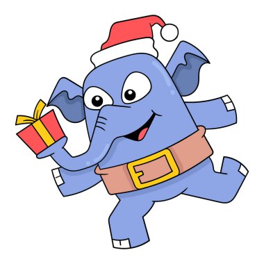 Fil hediye kutusu taşıyarak Noel 'i kutluyor, vektör çizim sanatı. karalama simgesi resmi kawaii.