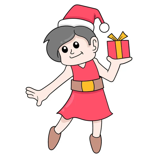 Hermosa Chica Celebrando Navidad Trayendo Regalos Vector Ilustración Arte Doodle — Vector de stock