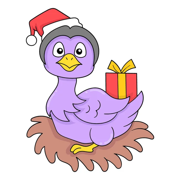 Duck His Nest Celebrating Christmas Gift Vector Illustration Art Doodle — Stock Vector