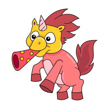Tek boynuzlu at yeni yıl trompeti, vektör illüstrasyon sanatı ile uçuyor. karalama simgesi resmi kawaii.
