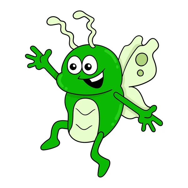 Green Insect Happy Face Welcoming Spring Vector Illustration Art Doodle — Stock Vector