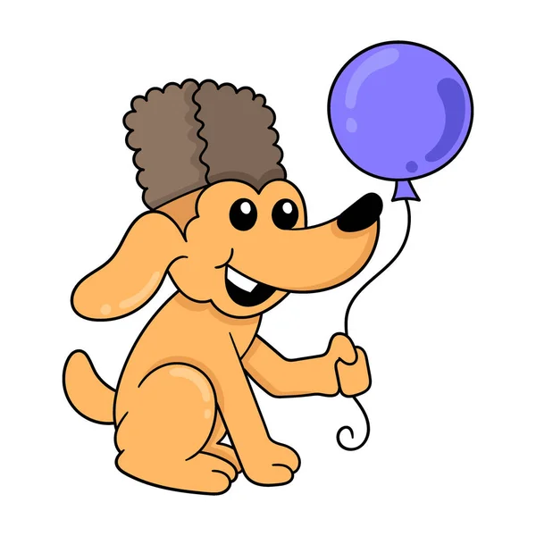 Hond Draagt Een Paarse Verjaardagsballon Vectorillustratie Kunst Doodle Pictogram Afbeelding — Stockvector