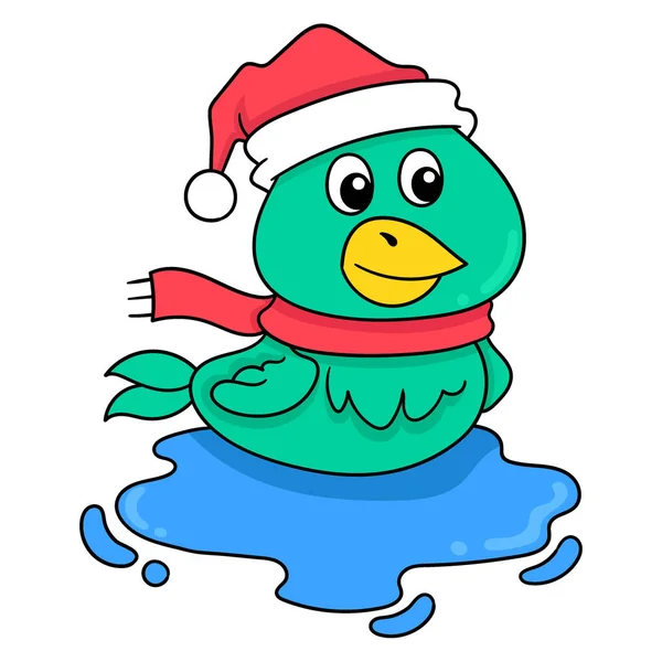 Duck Wearing Christmas Hat Swimming Vector Illustration Art Doodle Icon — Stock Vector