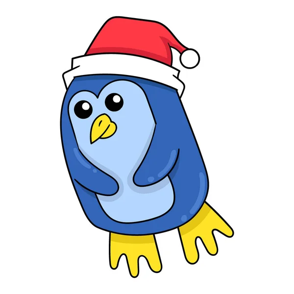 Pinguin Feiert Weihnachten Mit Mütze Vektorillustrationskunst Doodle Symbolbild Kawaii — Stockvektor