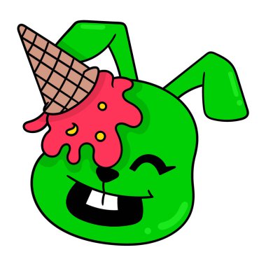 Tavşan kafası, ezilmiş dondurma suratıyla gülüyor, vektör illüstrasyon karton simgesi. karalama simgesi çizimi