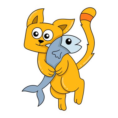 Kedi balığa sarılıyor. Yemeğini, vektör çizim sanatını. karalama simgesi resmi kawaii.