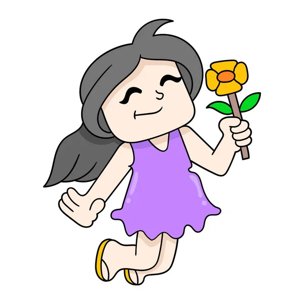 Lány Boldog Hogy Egy Virágzó Napraforgó Vektor Illusztráció Művészet Doodle — Stock Vector