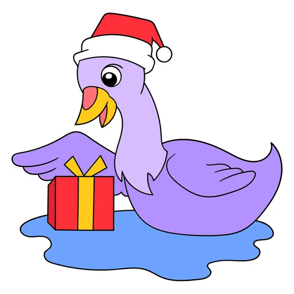 Swan Happy Getting Christmas Present Vector Illustration Art Doodle Icon — Stock Vector