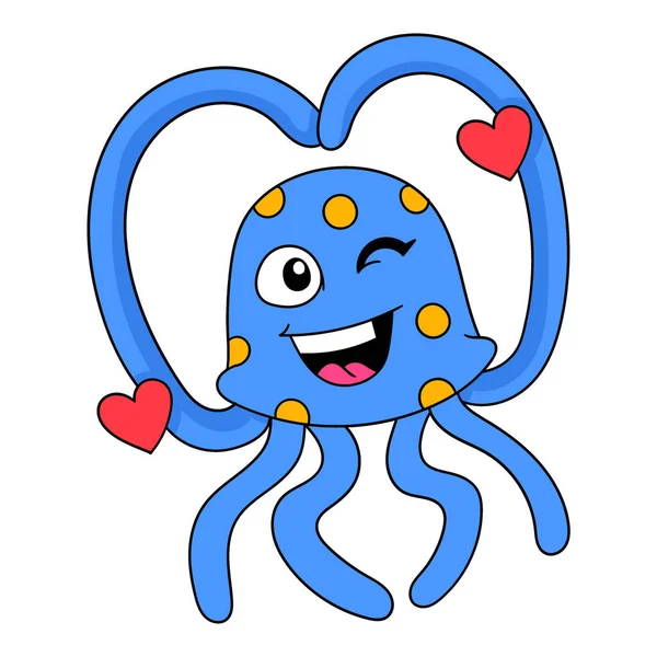 Medusas Azules Feliz Celebrando San Valentín Vector Ilustración Arte Doodle — Vector de stock