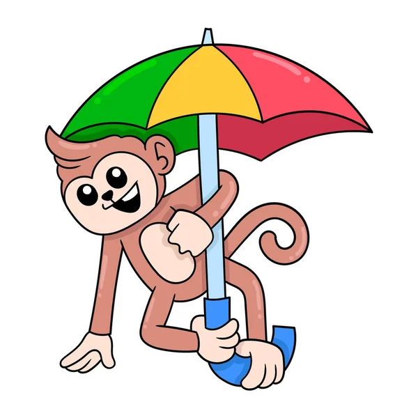 Affe Spielt Mit Buntem Regenschirm Vektorillustrationskunst Doodle Symbolbild Kawaii — Stockvektor