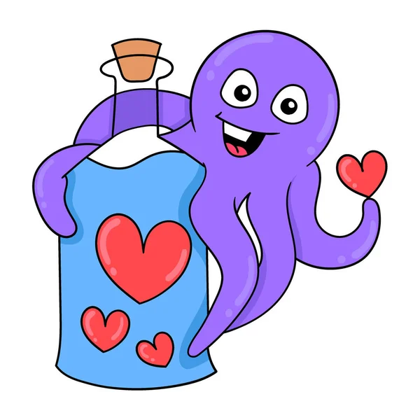 Paarse Octopus Knuffelend Een Fles Gevuld Met Valentijn Liefde Vector — Stockvector