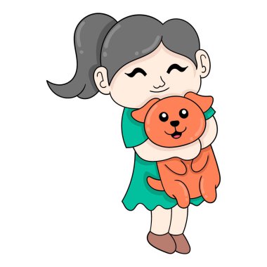 Kız evcil köpeğine sarılıyor, vektör illüstrasyon sanatı. karalama simgesi resmi kawaii.