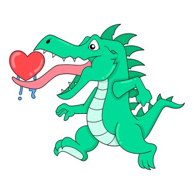 Sevgililer gününü kutlayan yürüyen timsah aşk taşıyor, vektör çizim sanatı. karalama simgesi resmi kawaii.