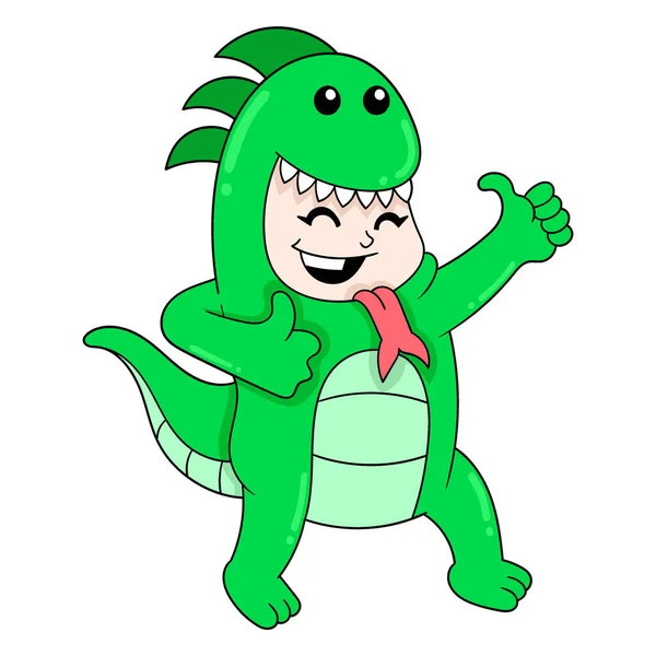 Chico Está Usando Disfraz Dinosaurio Entretenido Arte Ilustración Vectorial Doodle — Vector de stock
