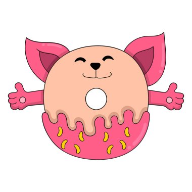 Kedi kafalı donut mutlu yüzlü lezzetli vektör çizim sanatı. karalama simgesi resmi kawaii.