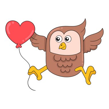 Baykuş aşk balonları, vektör çizim sanatı ile uçuyor. karalama simgesi resmi kawaii.