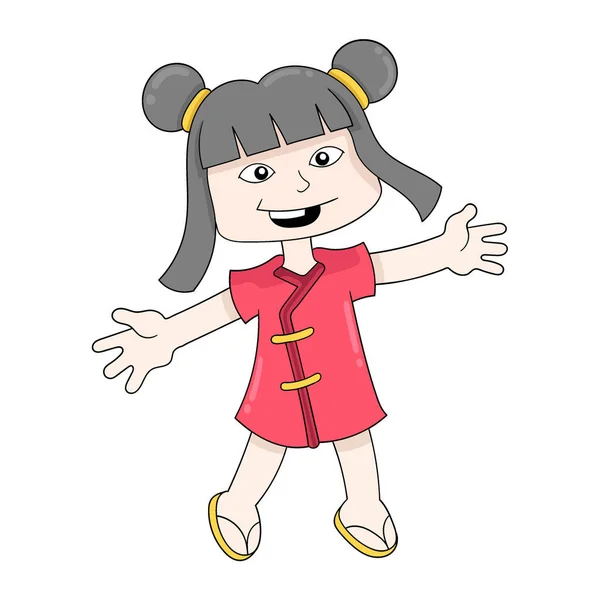 Happy Faced China Girl Welcomes Spring Vector Illustration Art Doodle — Stock Vector