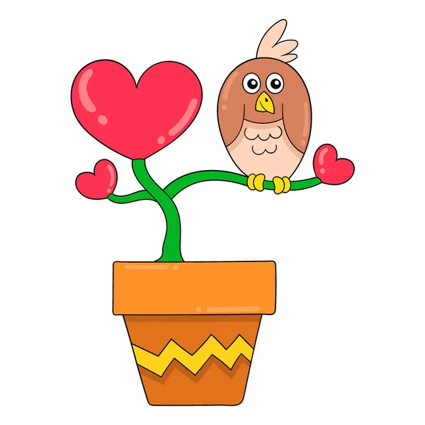 Owl Perched Love Plant Pot Vector Illustration Art Doodle Icon — Stock Vector