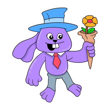 Elinde çiçekler olan romantik tavşan, vektör çizim sanatı. karalama simgesi resmi kawaii.